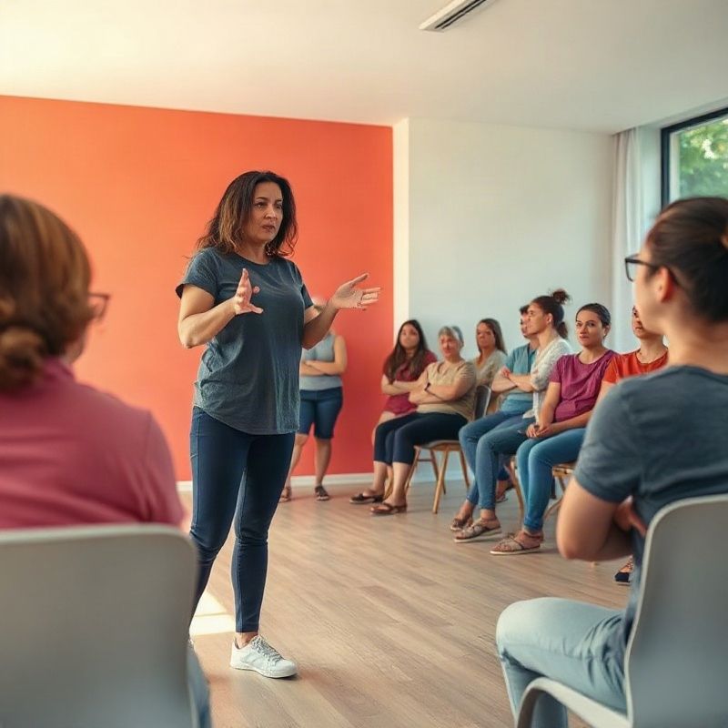 Instrutora demonstrando um movimento aos participantes da aula
